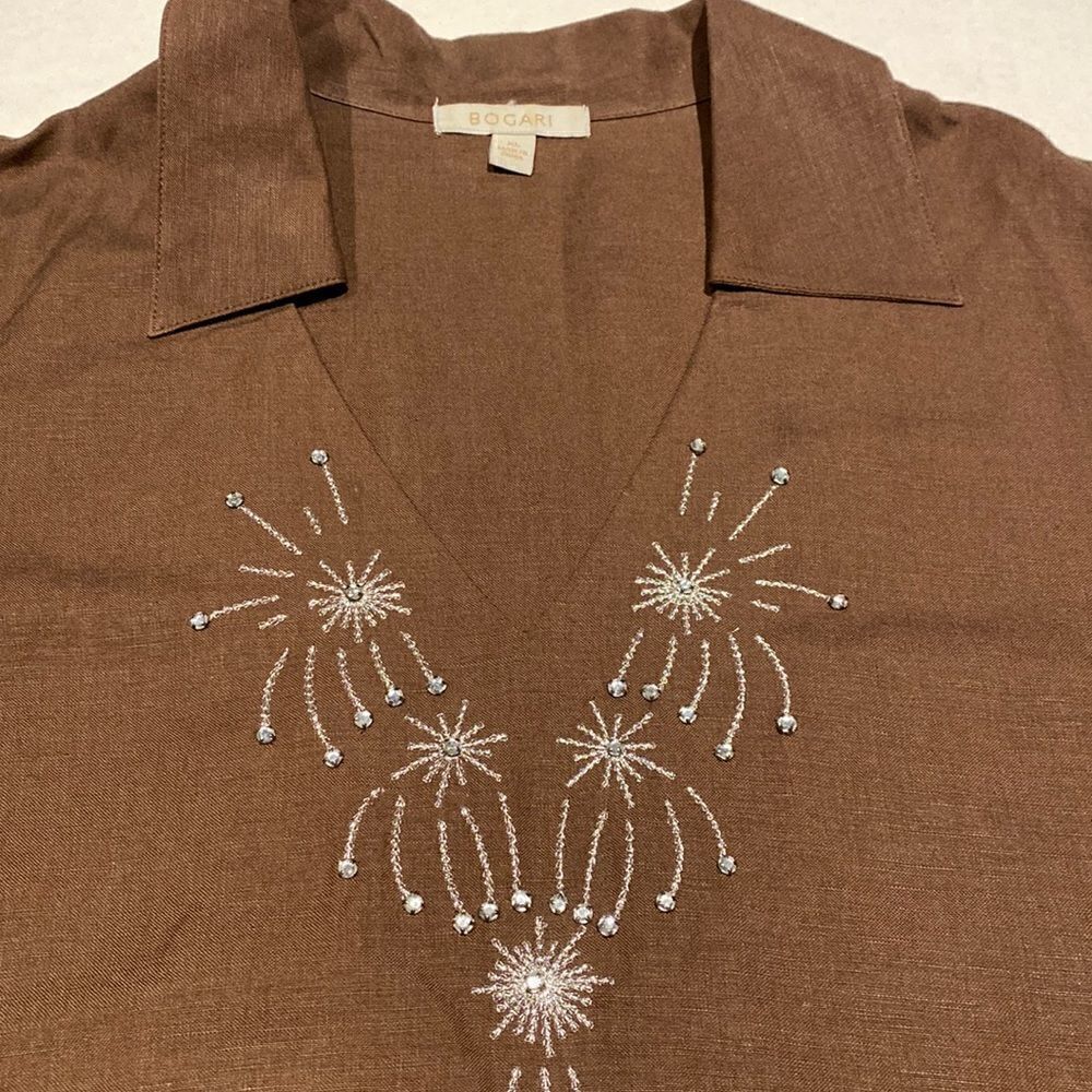 Linen short sleeves v neck Johnny collar with embellished front by Bogari XL